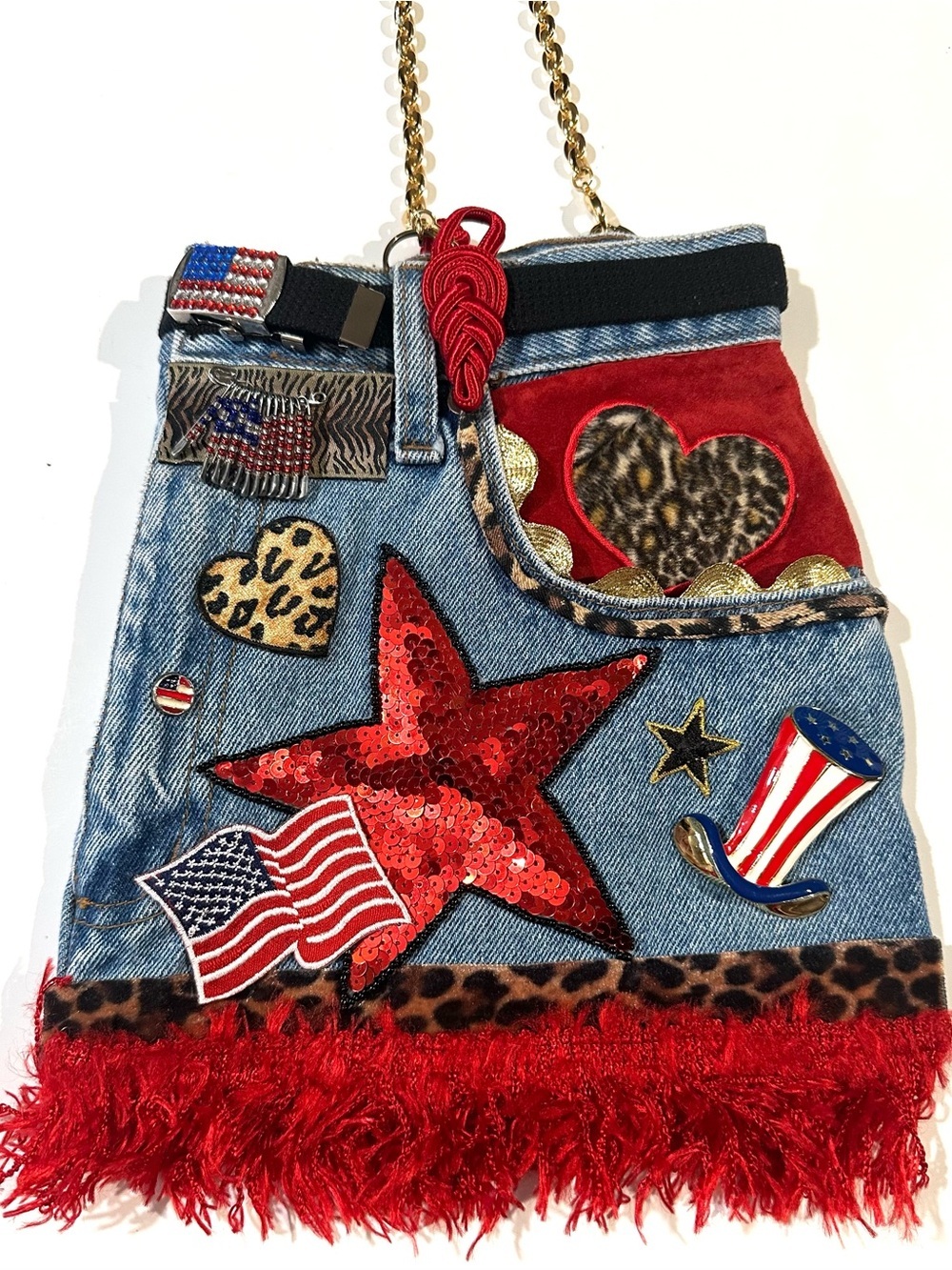 Jeans Denim Crossbody Bag with Embroidered Pocket Gold Chain - Custom Made Y2K - Picture 14 of 15